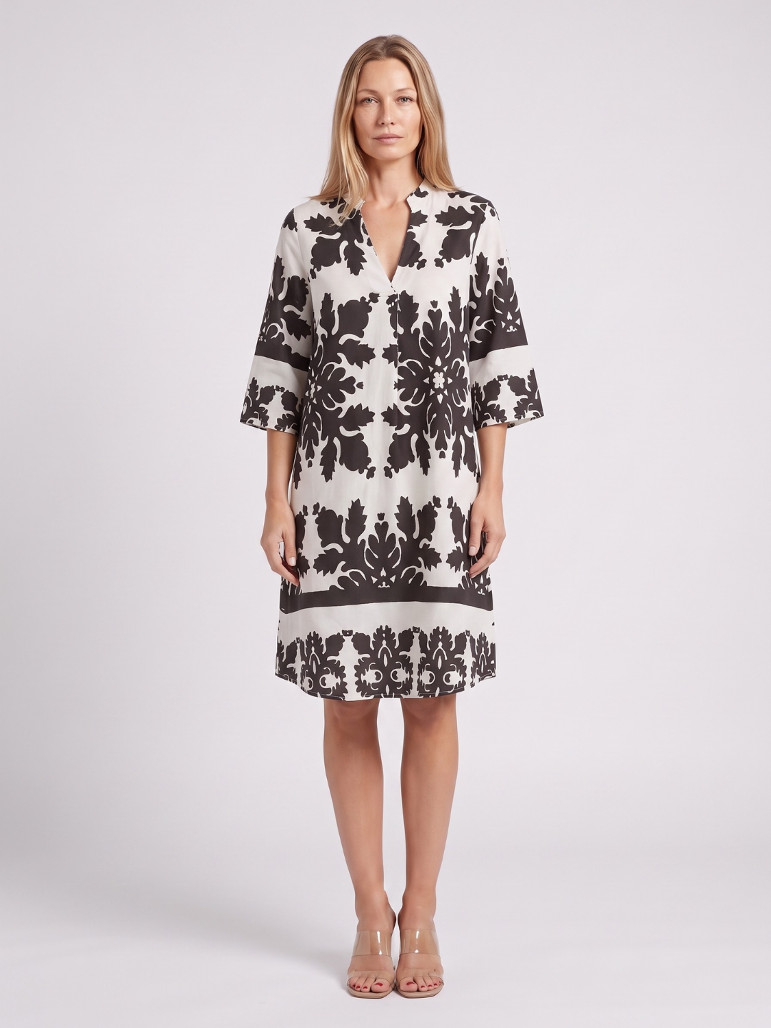 Aaliyah | Damask Print Split Neck Shift Midi Dress