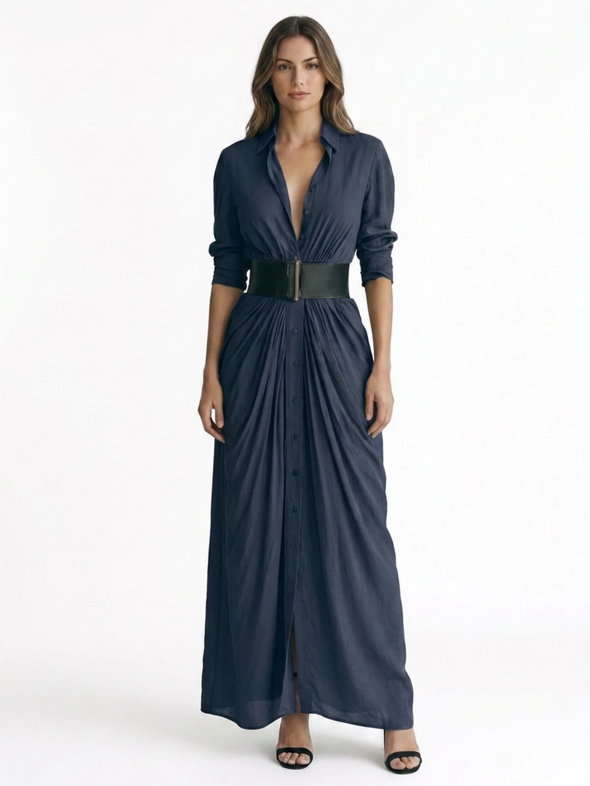 YARA Women's Pleated Belted Button-Front Maxi Shirt Dress