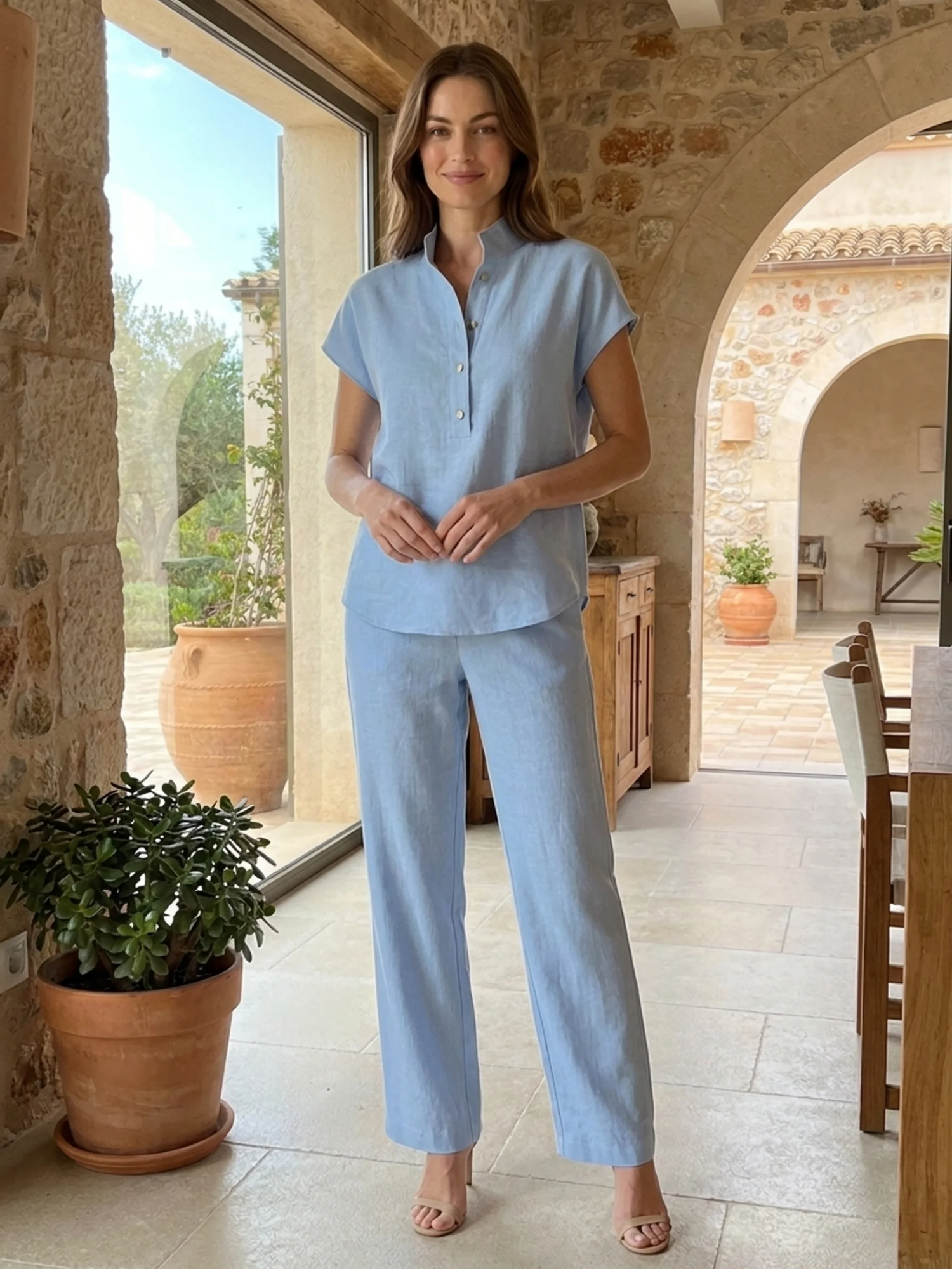 NERISSA Women's Short Sleeve Linen Top and Wide Leg Trouser Set