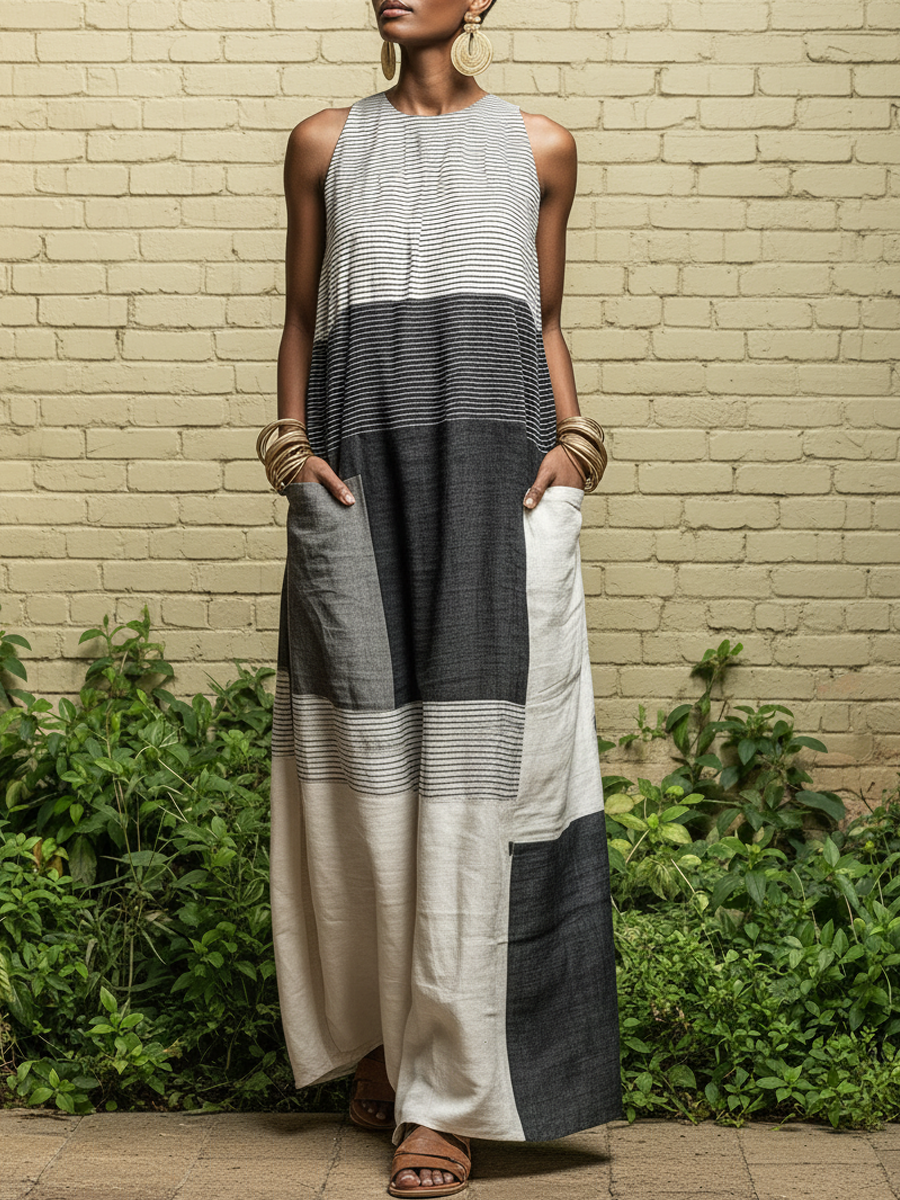 Lux | Striped Colorblock Linen Maxi Dress