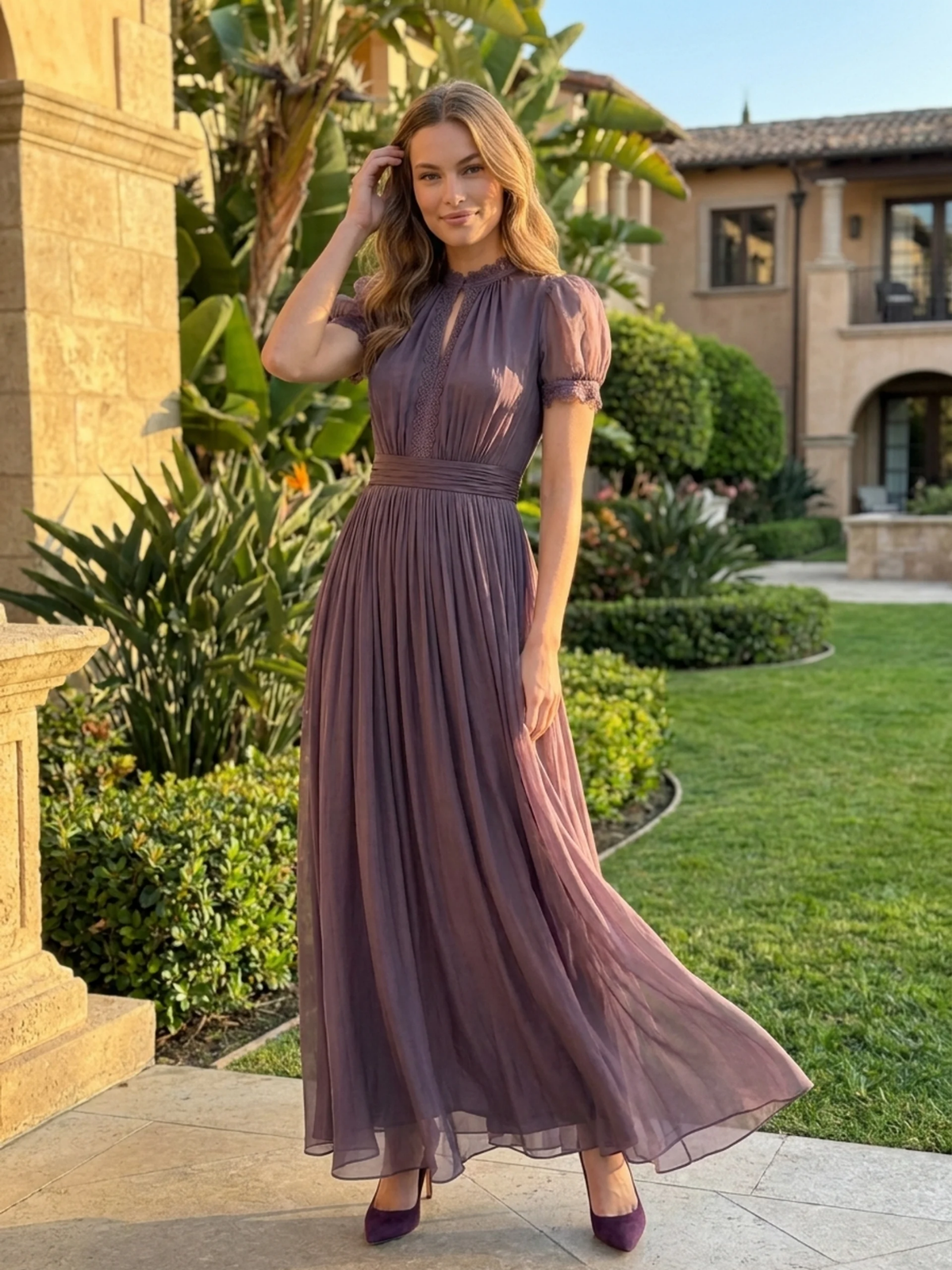 SAYLOR Women's Lace Keyhole Chiffon Maxi Dress