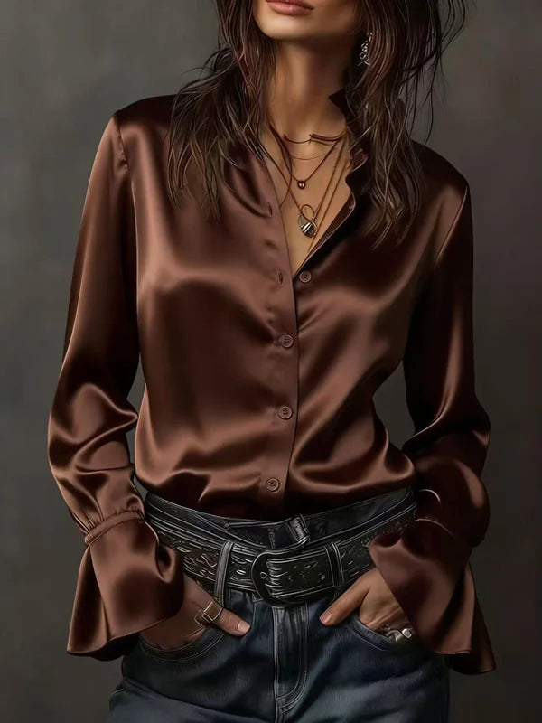 Priscilla | Satin Button-Front Bell Sleeve Top