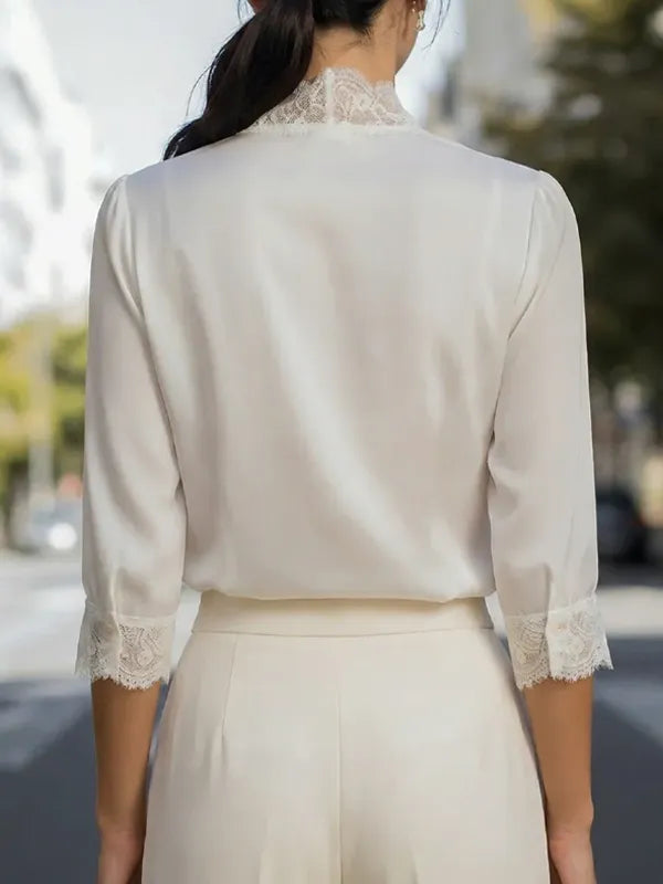 Helene | Satin Lace-Trim Button-Front Top