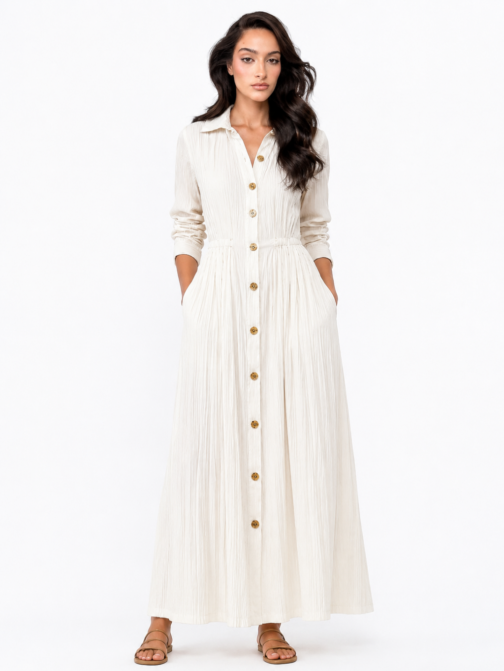 DEVONY Women's Long Sleeve Textured Button-Front Maxi Shirt Dress