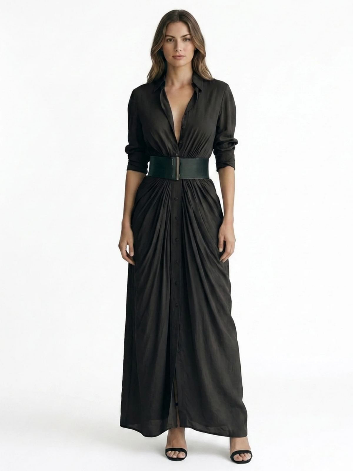 YARA Women's Pleated Belted Button-Front Maxi Shirt Dress