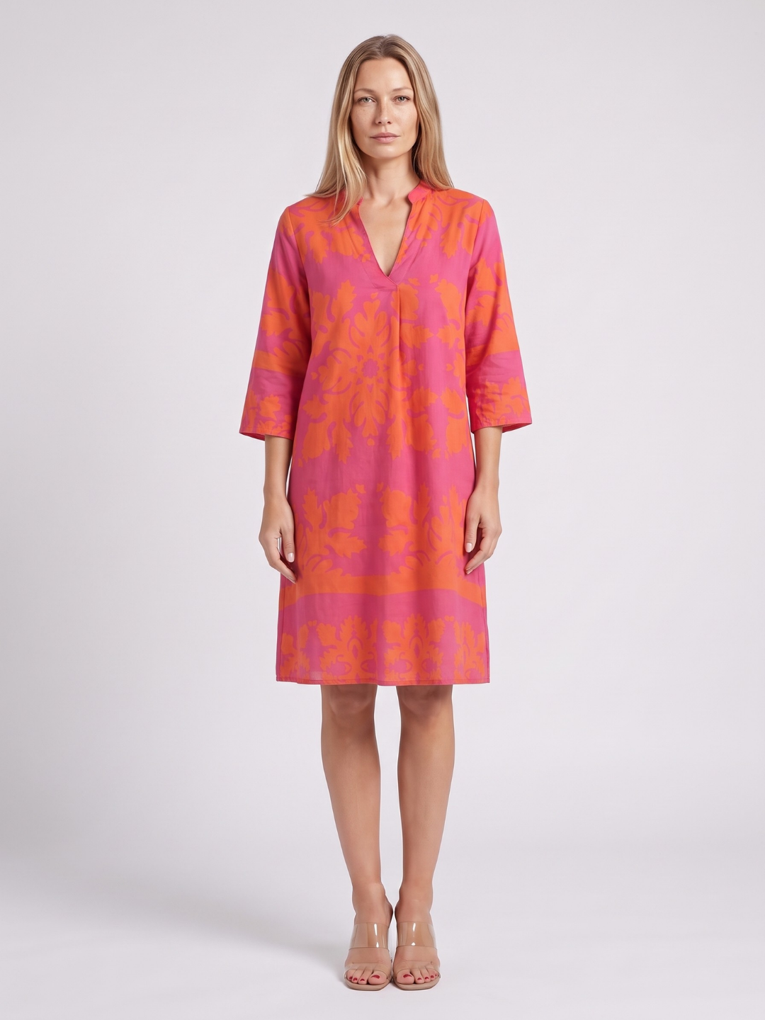 Aaliyah | Damask Print Split Neck Shift Midi Dress