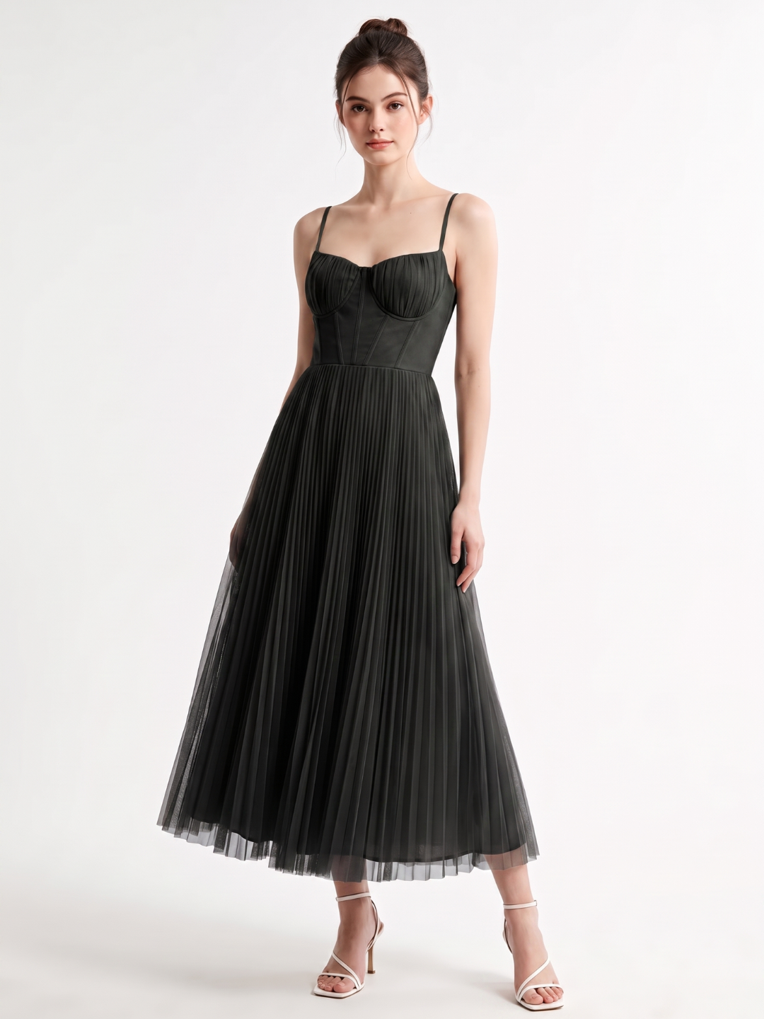 GALLIA Women's Spaghetti Strap Pleated Corset Maxi Dress