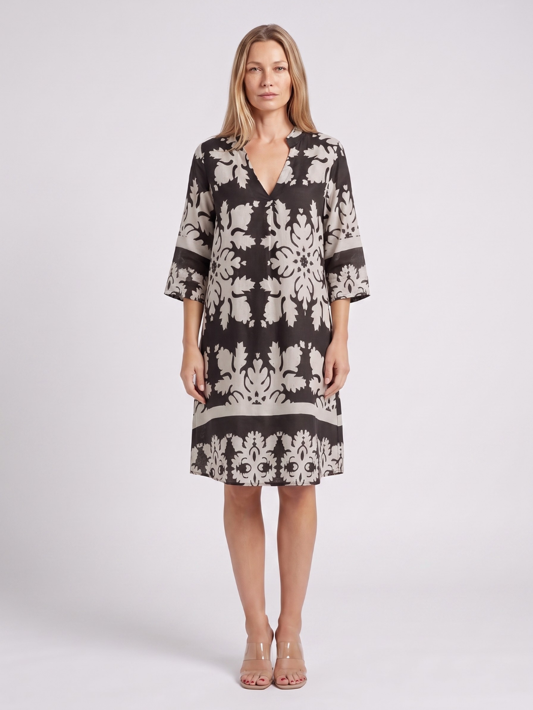 Aaliyah | Damask Print Split Neck Shift Midi Dress