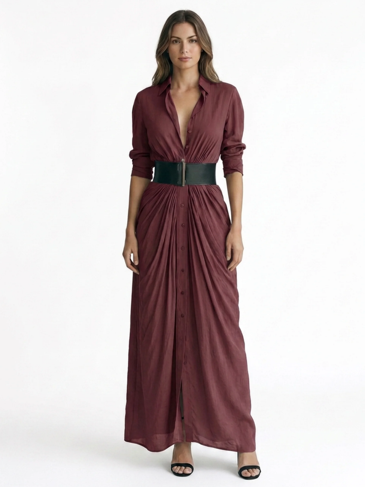 YARA Women's Pleated Belted Button-Front Maxi Shirt Dress
