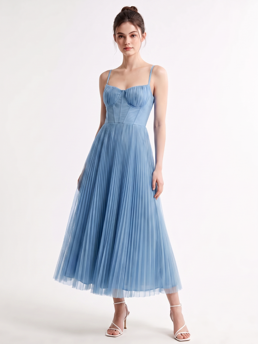 GALLIA Women's Spaghetti Strap Pleated Corset Maxi Dress