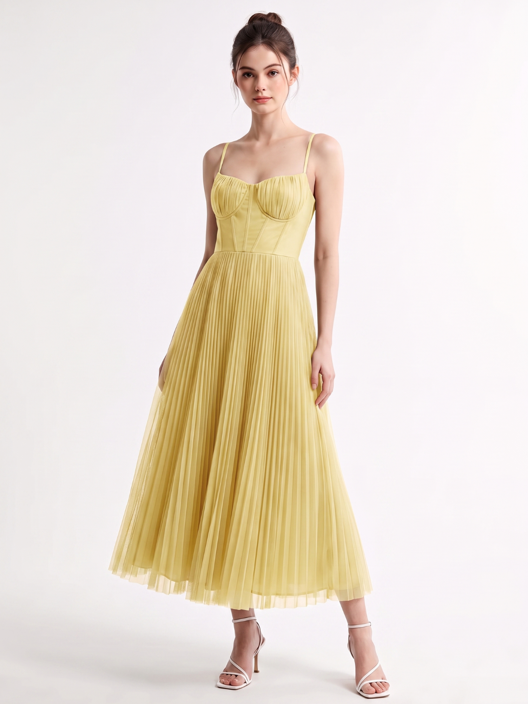 GALLIA Women's Spaghetti Strap Pleated Corset Maxi Dress