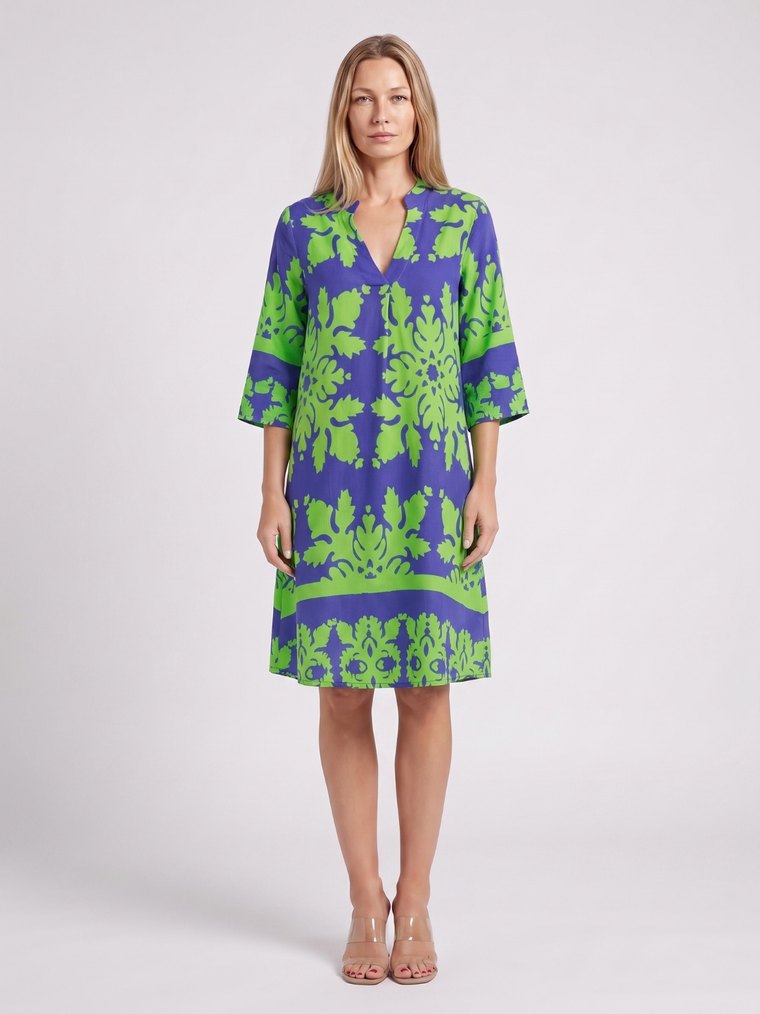 Aaliyah | Damask Print Split Neck Shift Midi Dress