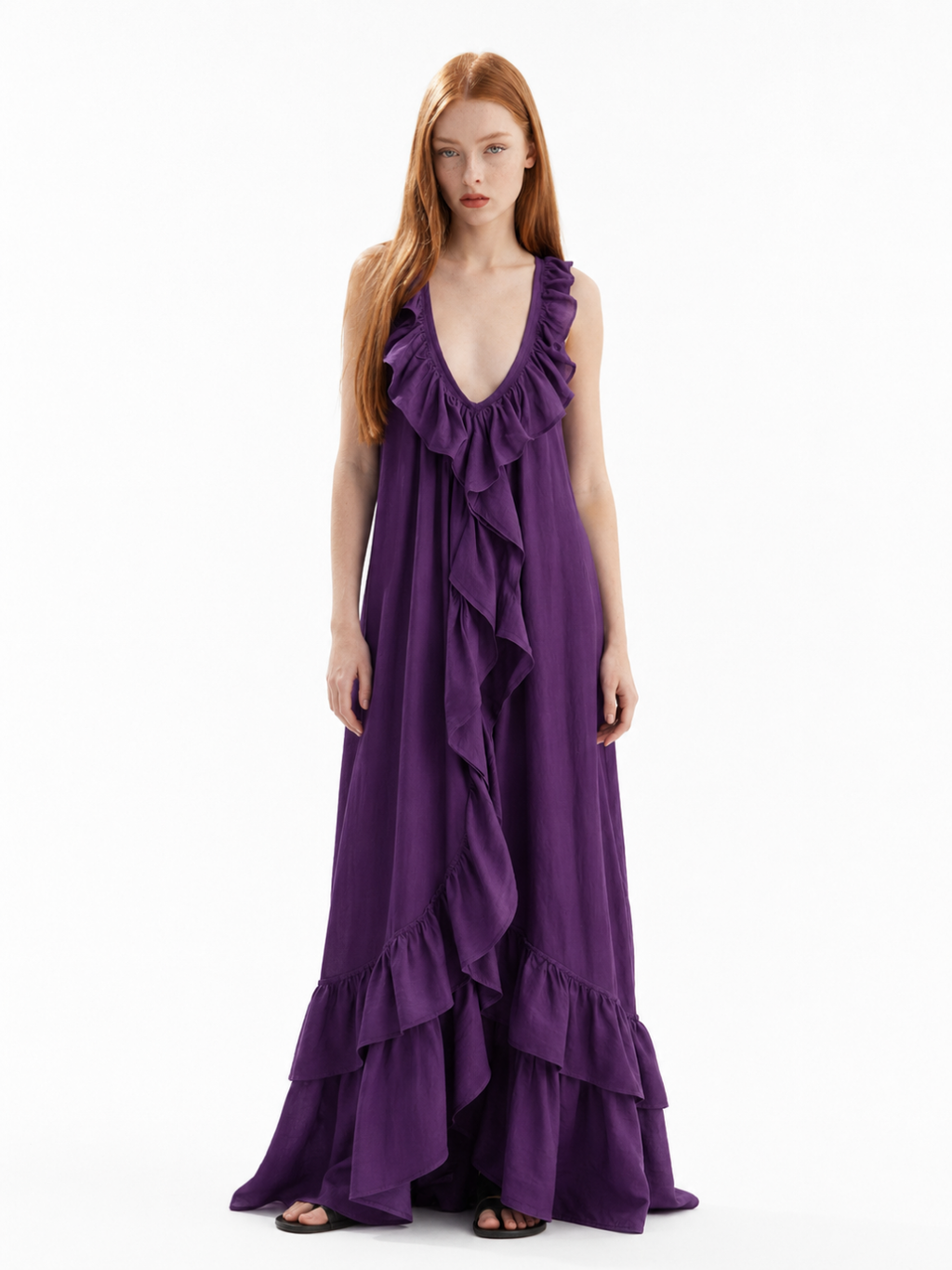 REIGN Women's Sleeveless Ruffle V-Neck Boho Maxi Dress