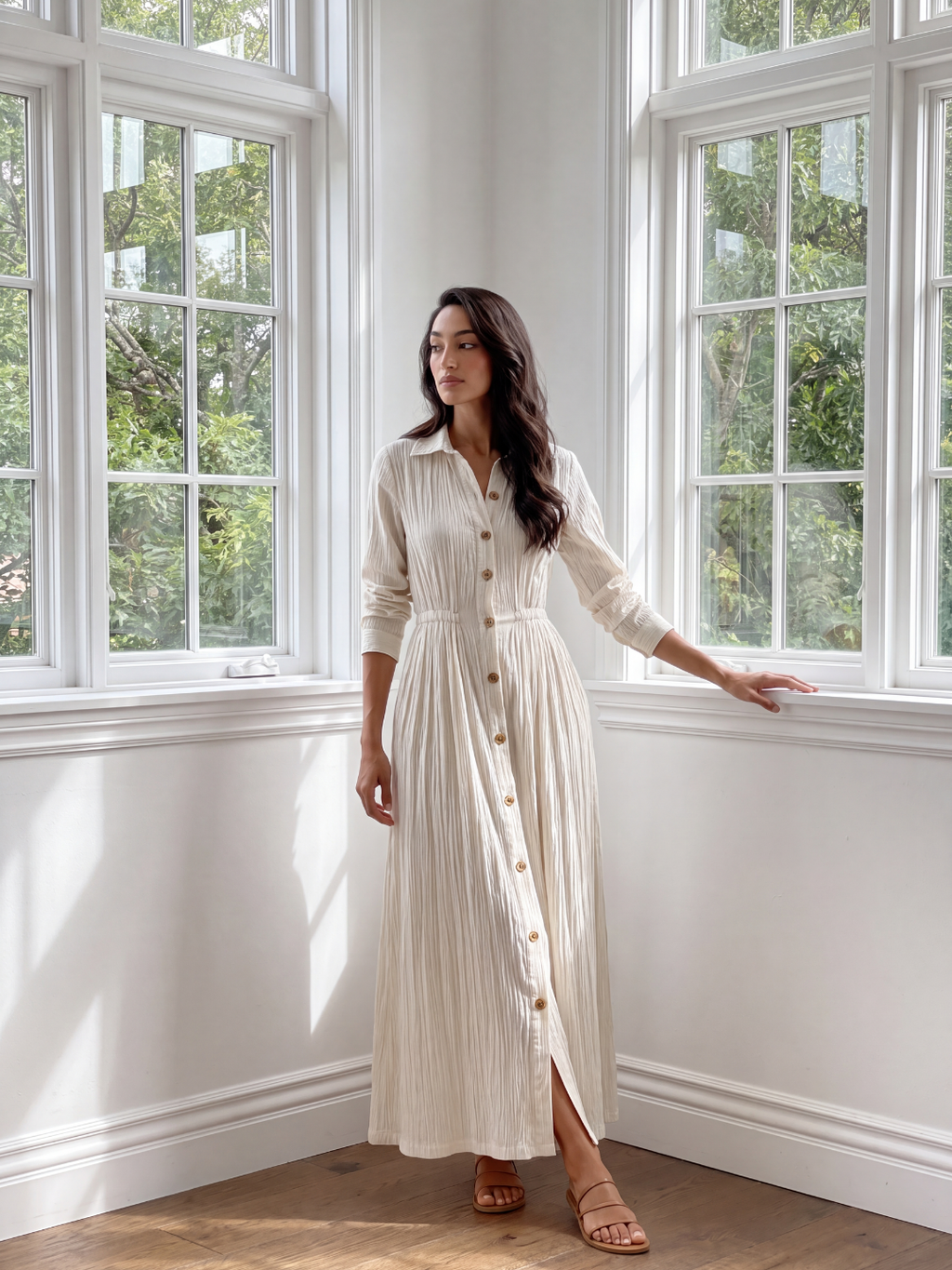 DEVONY Women's Long Sleeve Textured Button-Front Maxi Shirt Dress
