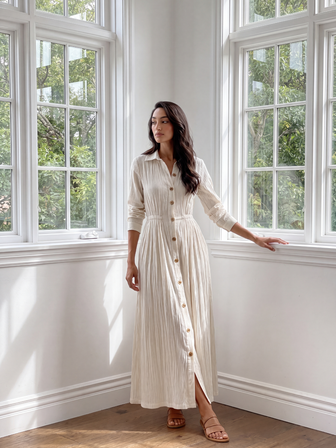 DEVONY Women's Long Sleeve Textured Button-Front Maxi Shirt Dress