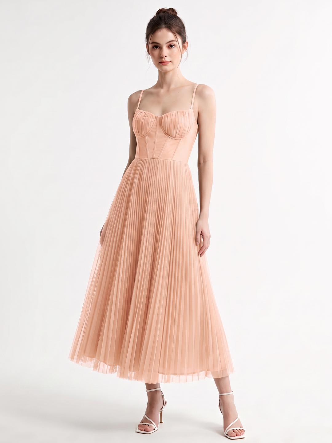 GALLIA Women's Spaghetti Strap Pleated Corset Maxi Dress