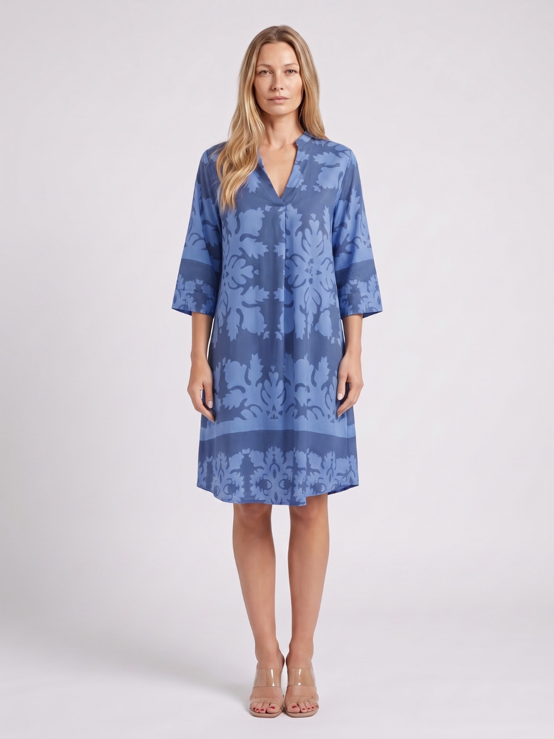 Aaliyah | Damask Print Split Neck Shift Midi Dress