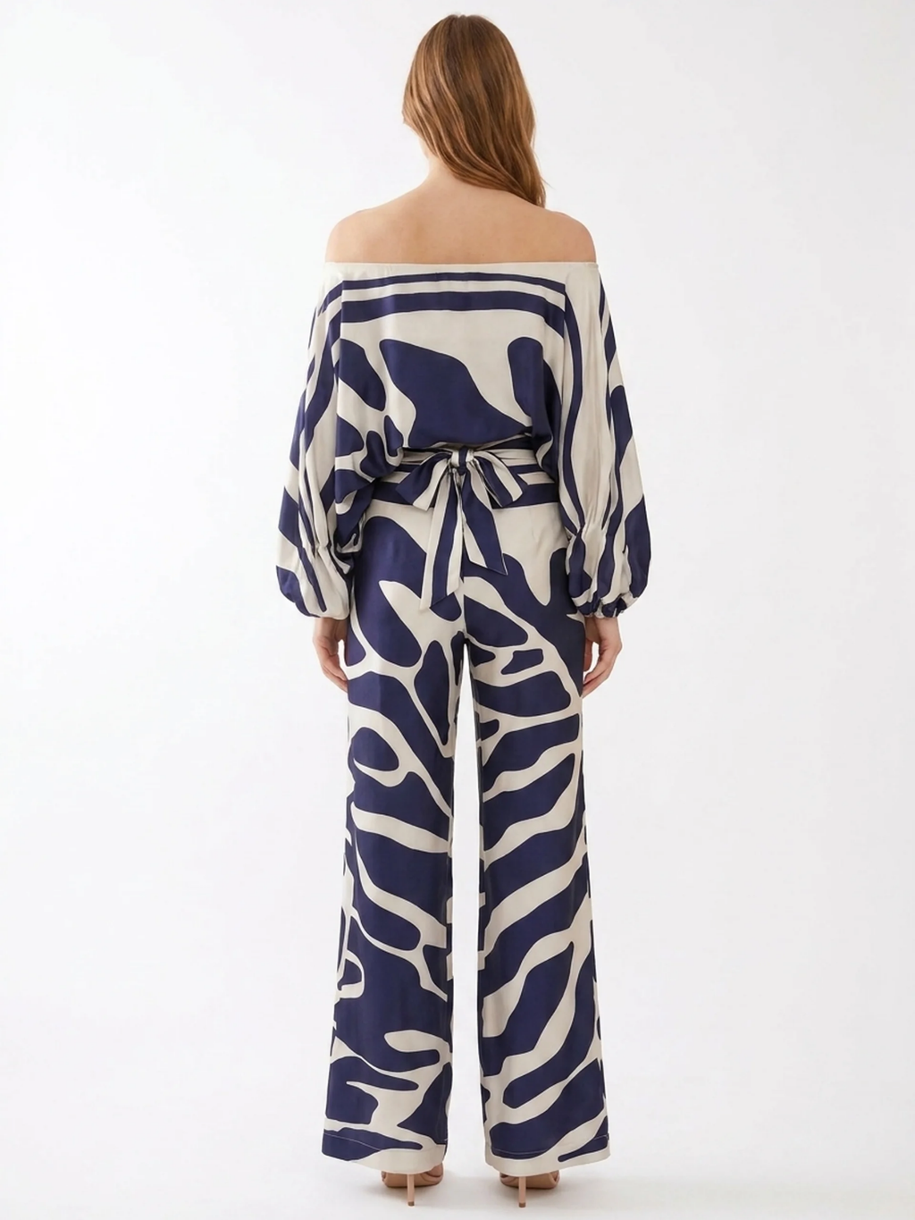 SERAFINA Women's Off Shoulder Abstract Print Wide Leg Trouser Set
