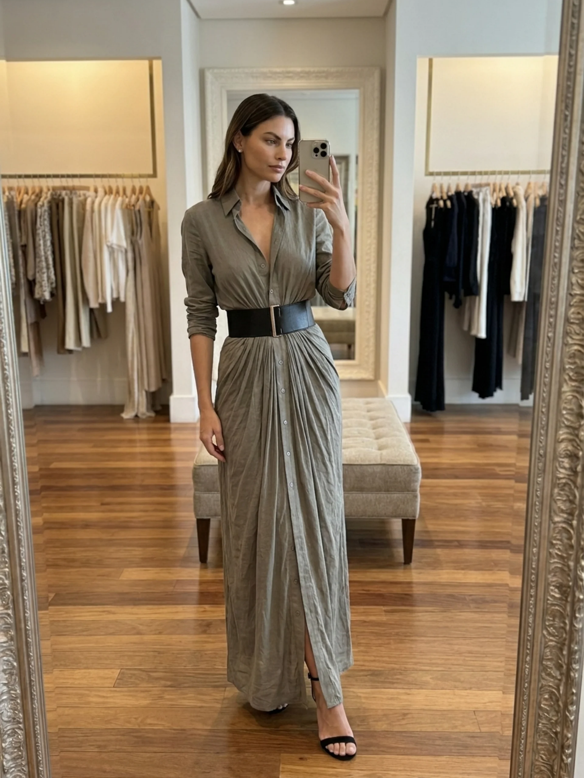 YARA Women's Pleated Belted Button-Front Maxi Shirt Dress