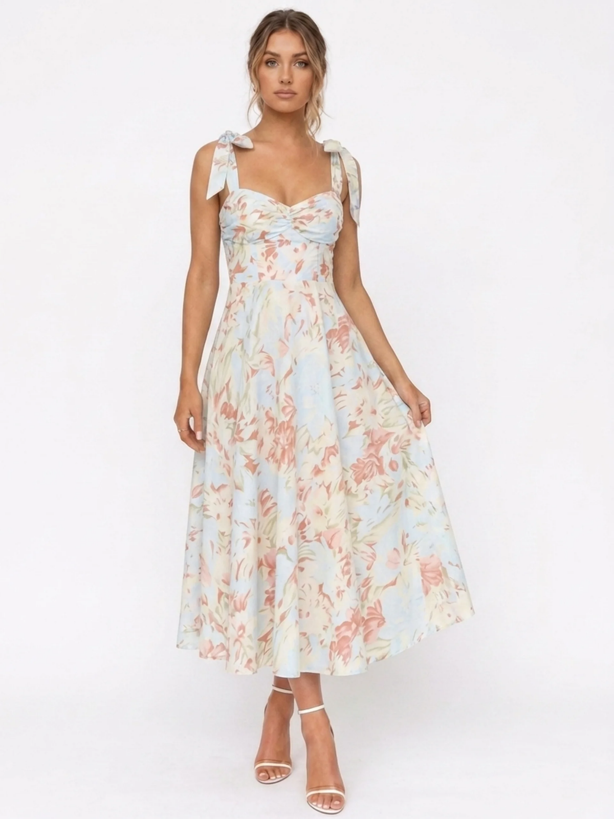 NELLIE Women's Floral Tie-Strap Ruched Bodice Maxi Dress