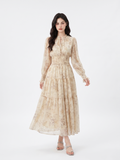 FIONNA Women's Long Sleeve Floral Print Smocked Waist Maxi Dress