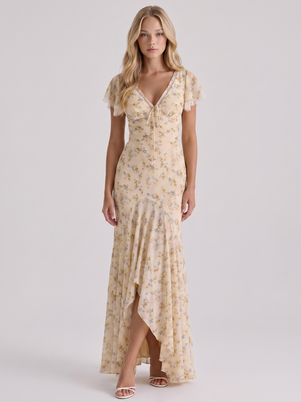 Madelyn | Ditsy Floral Flutter Sleeve High-Low Maxi Dress