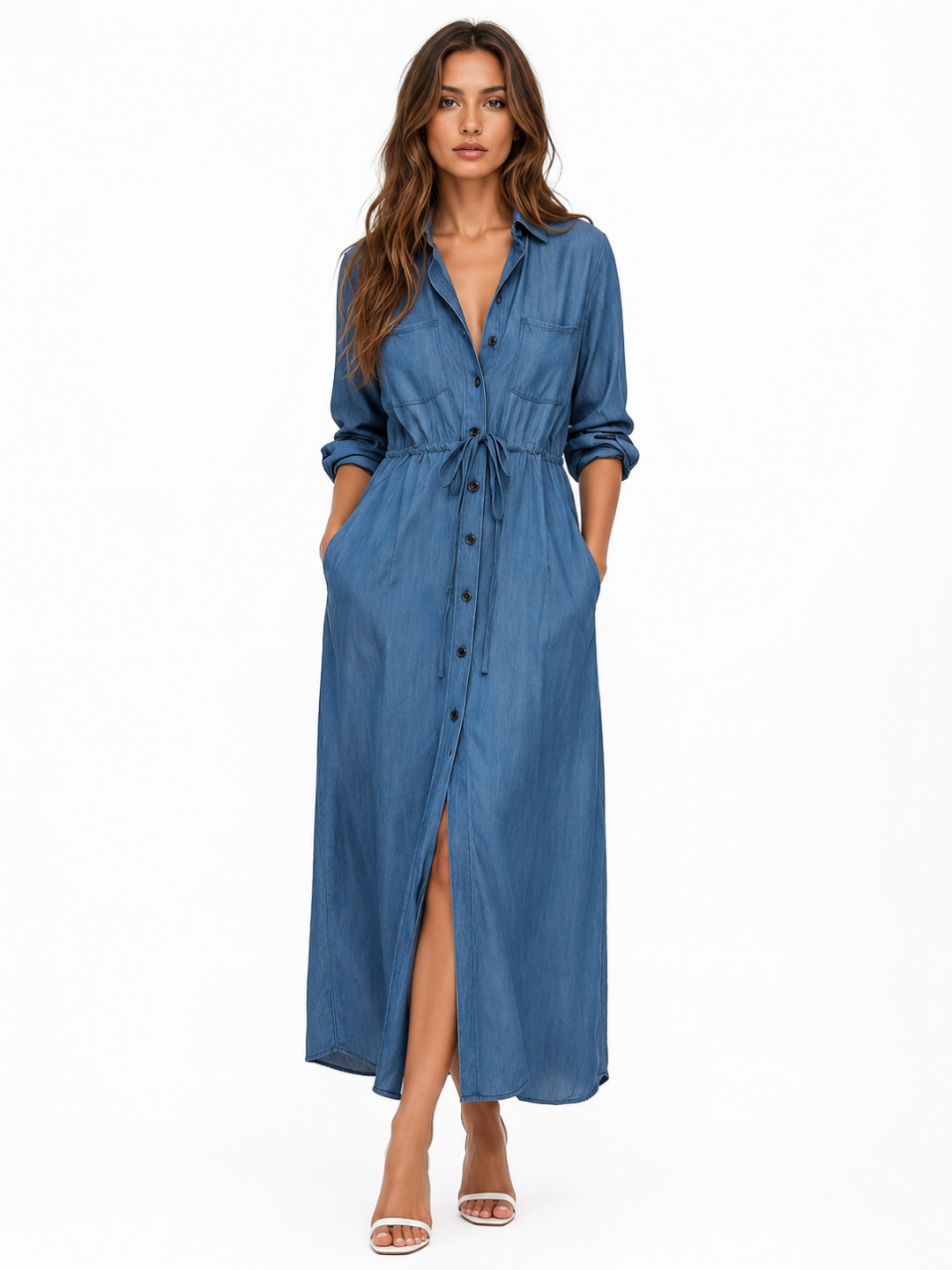 FIORELLA Women's Long Sleeve Denim Button-Front Midi Shirt Dress