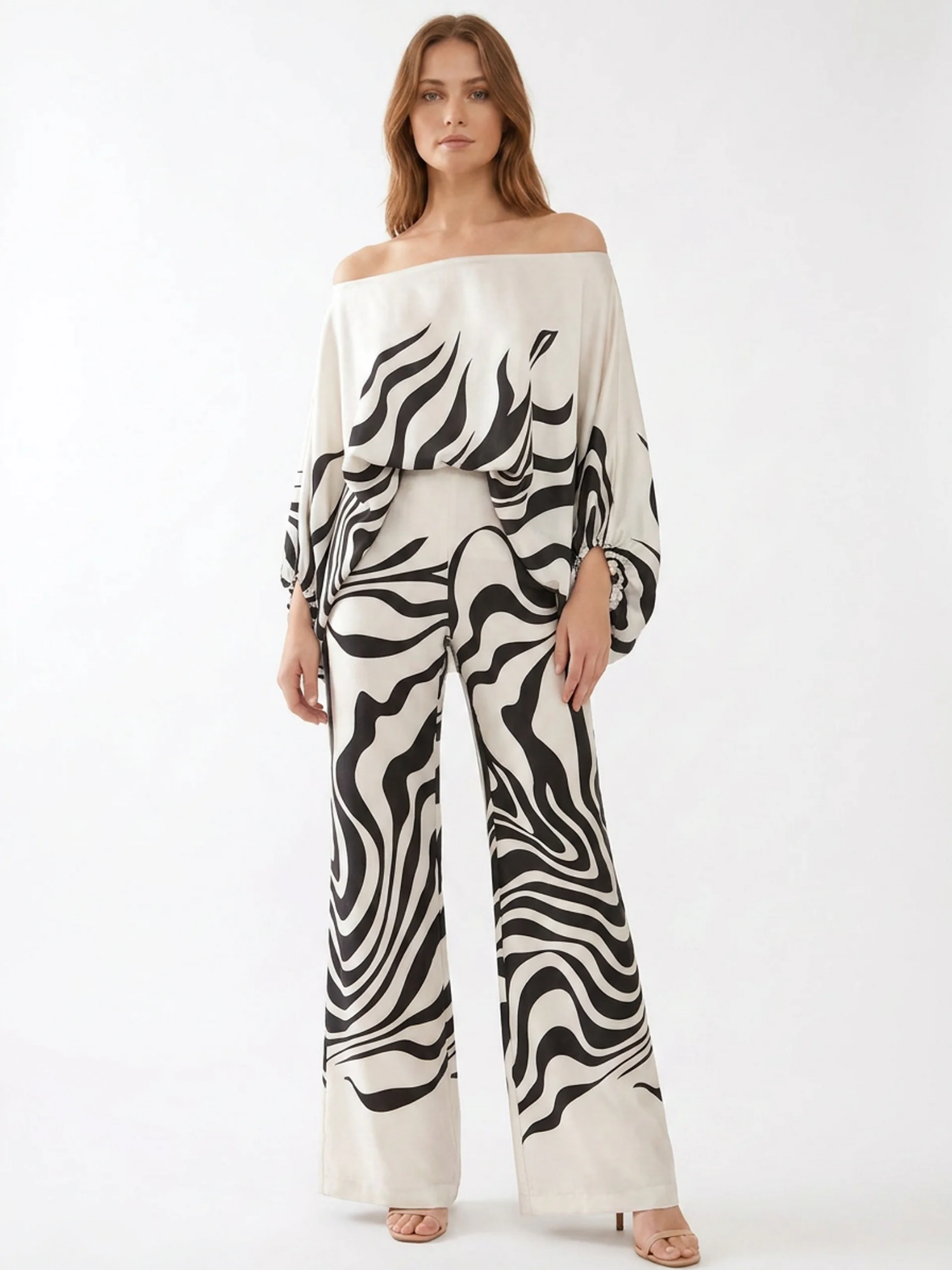 SERAFINA Women's Off Shoulder Abstract Print Wide Leg Trouser Set