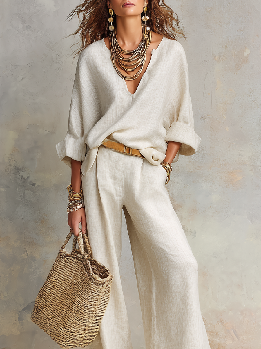 Robin | Linen V-Neck Wide-Leg Co-ord Set