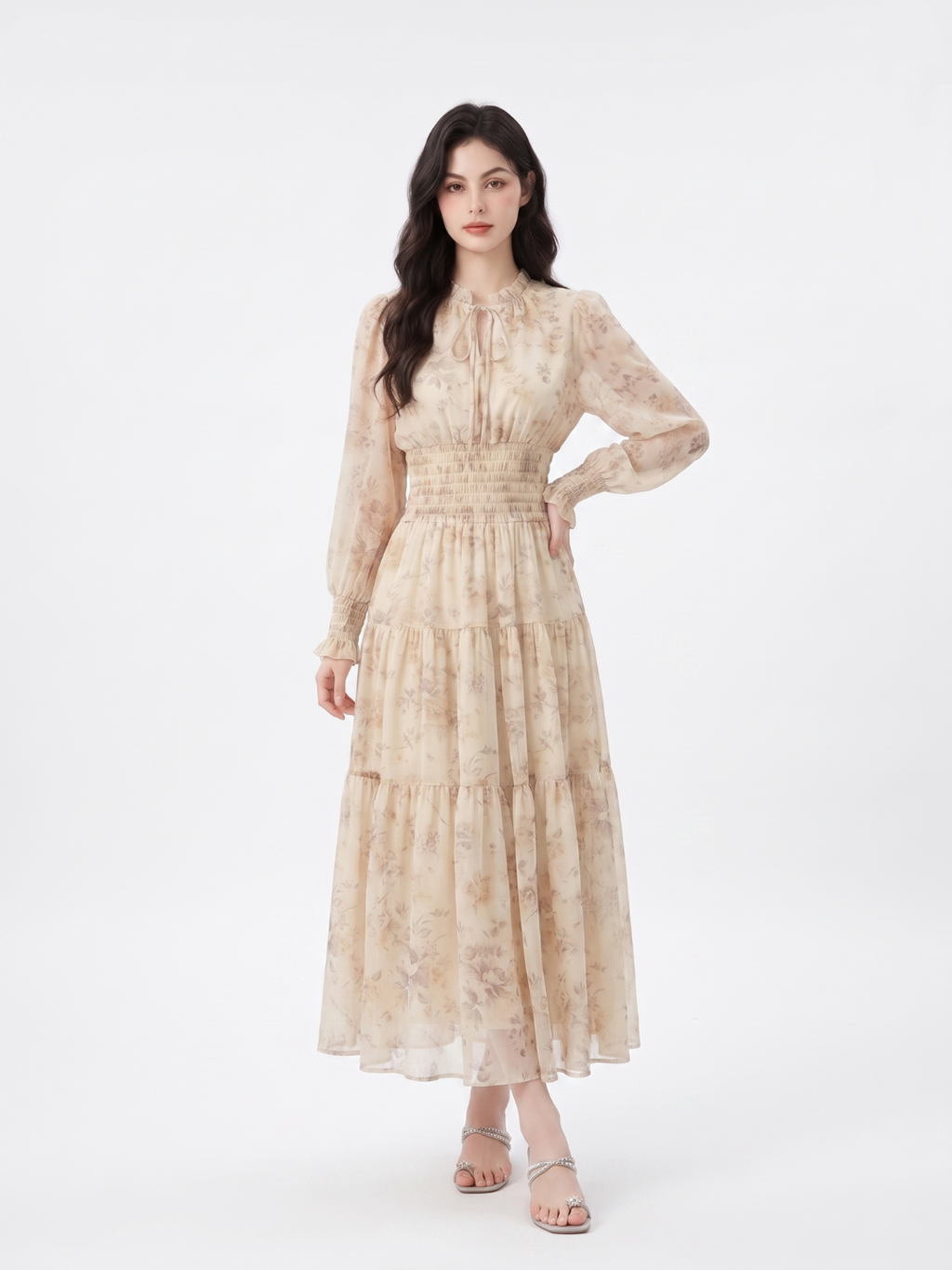 FIONNA Women's Long Sleeve Floral Print Smocked Waist Maxi Dress