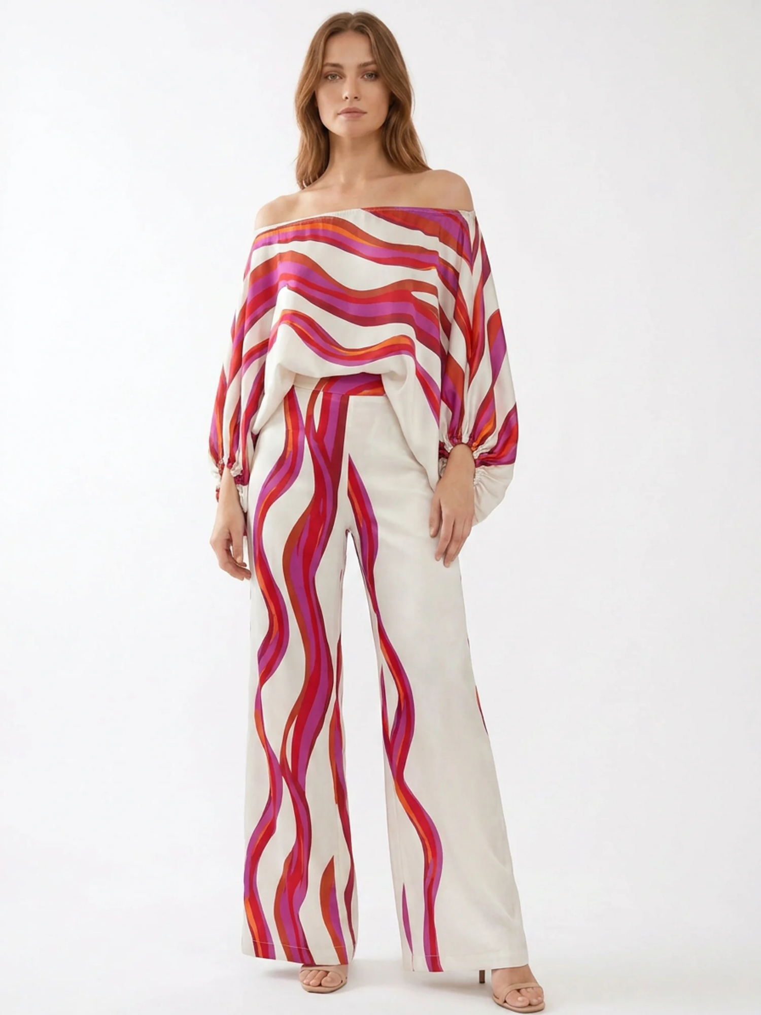 SERAFINA Women's Off Shoulder Abstract Print Wide Leg Trouser Set