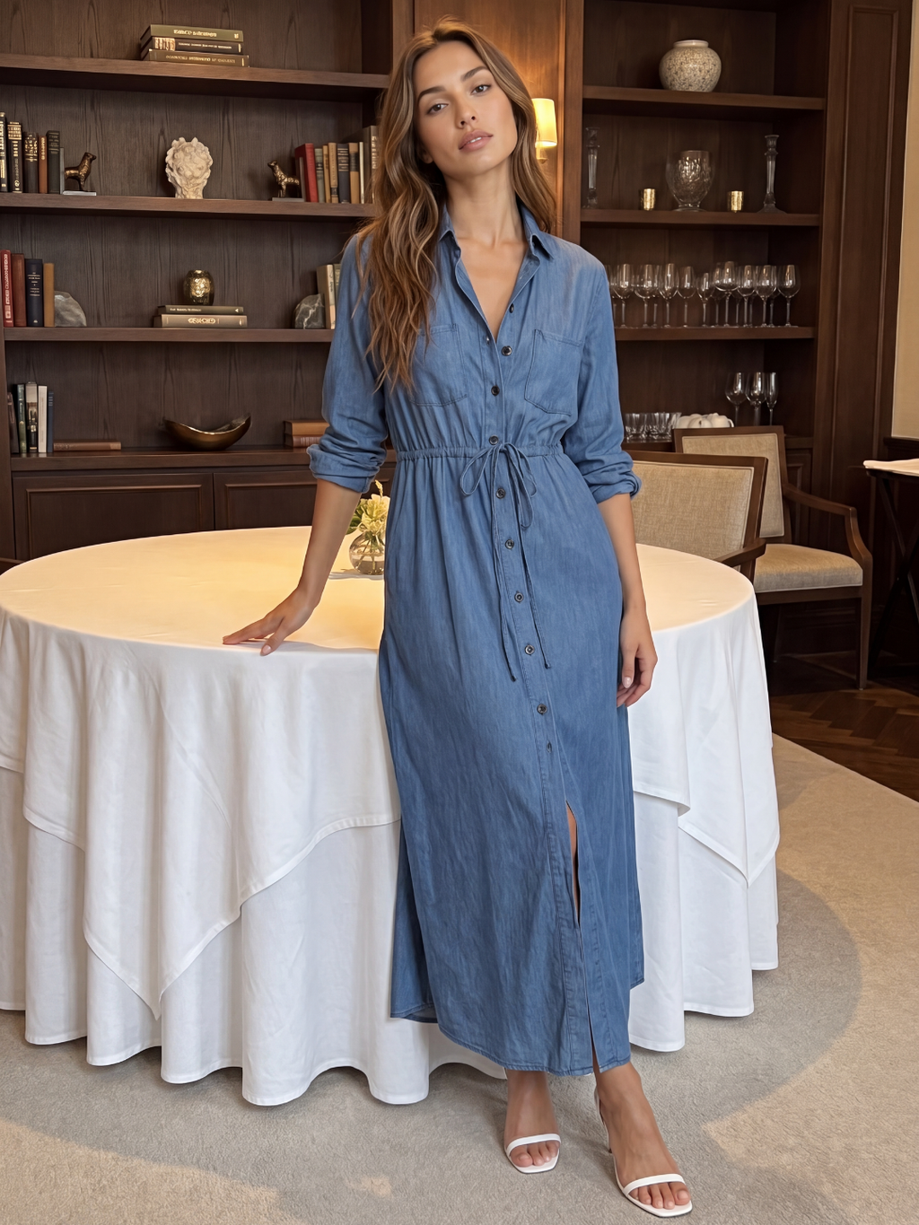 FIORELLA Women's Long Sleeve Denim Button-Front Midi Shirt Dress