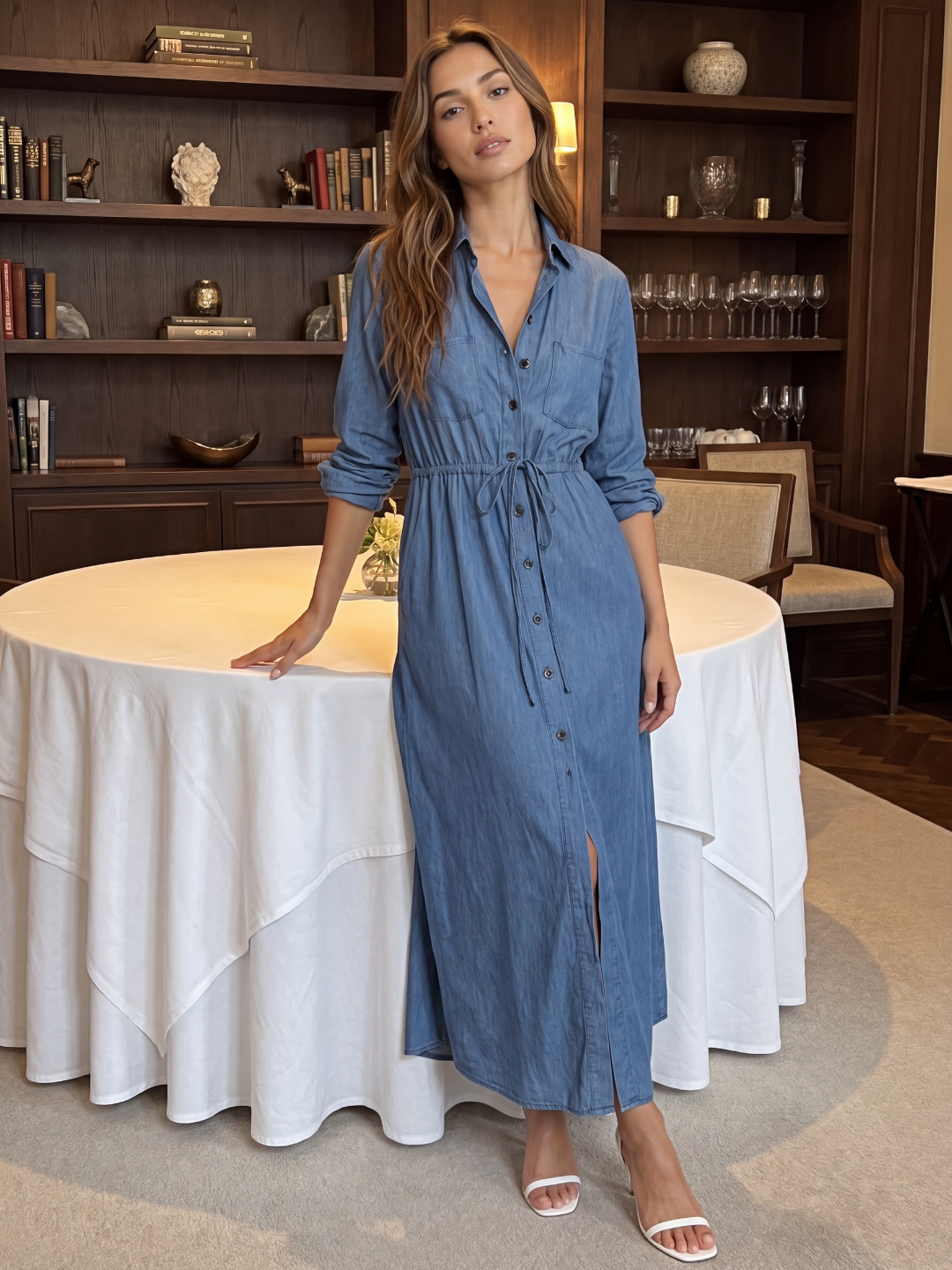 FIORELLA Women's Long Sleeve Denim Button-Front Midi Shirt Dress
