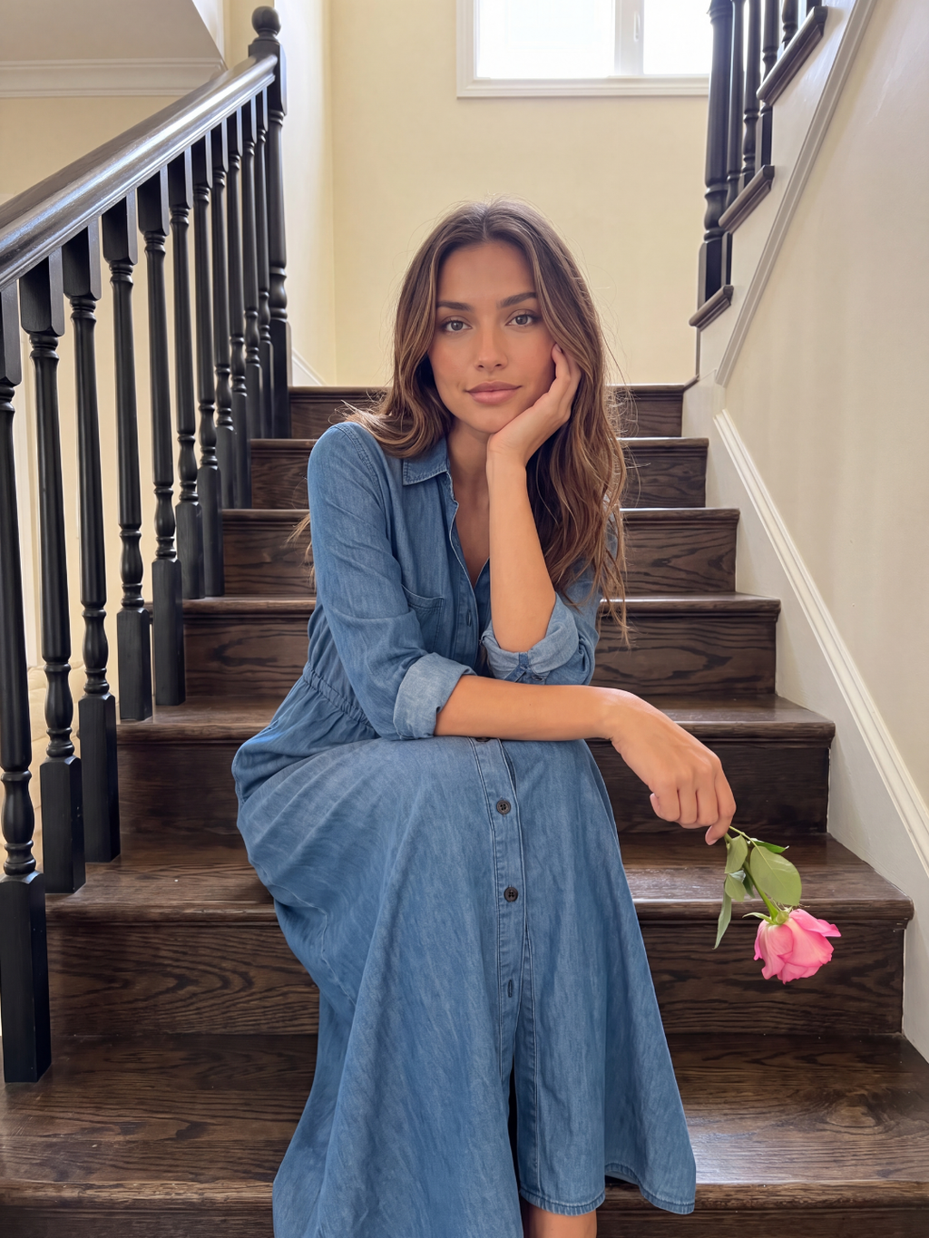 FIORELLA Women's Long Sleeve Denim Button-Front Midi Shirt Dress