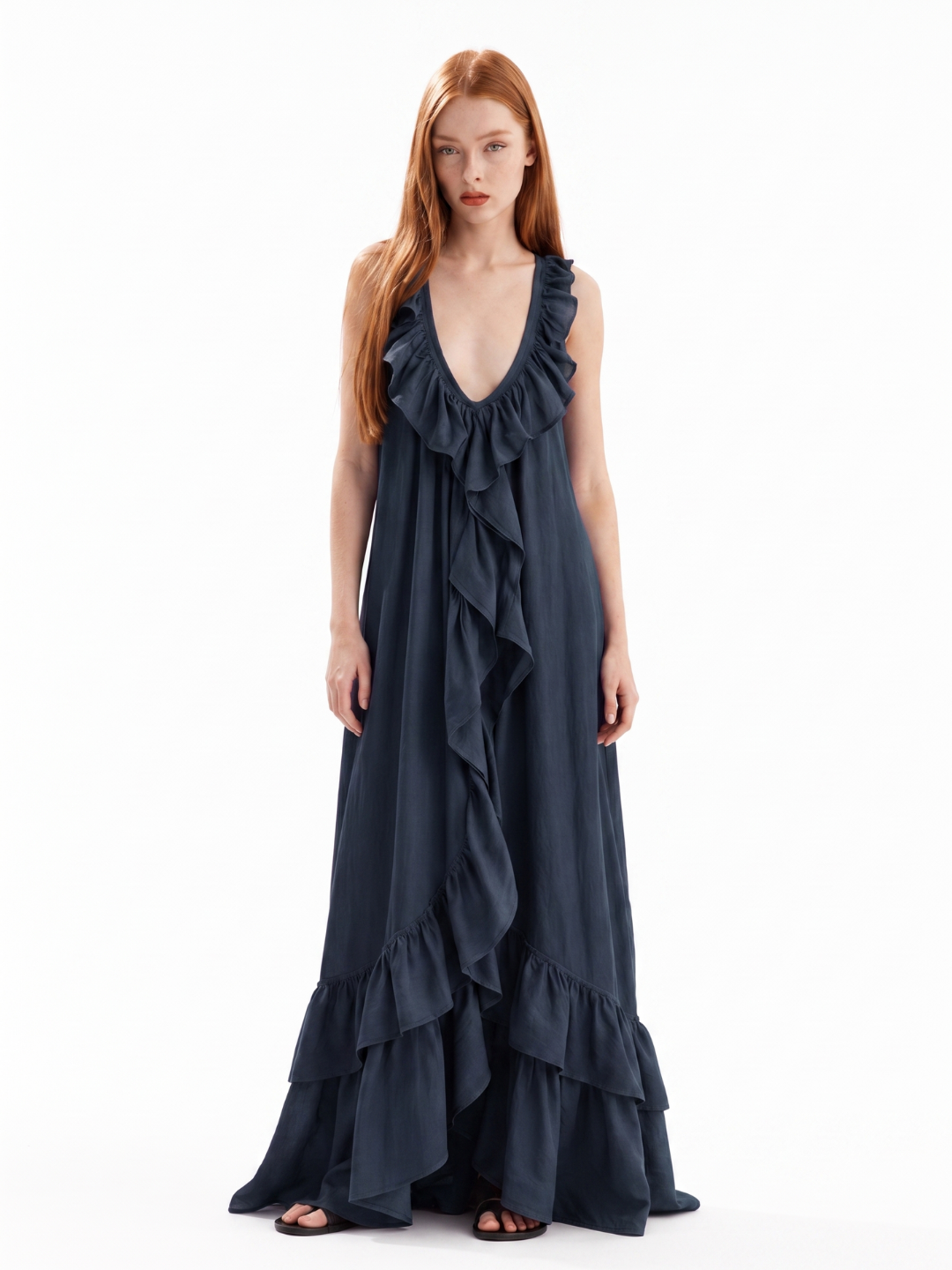 REIGN Women's Sleeveless Ruffle V-Neck Boho Maxi Dress