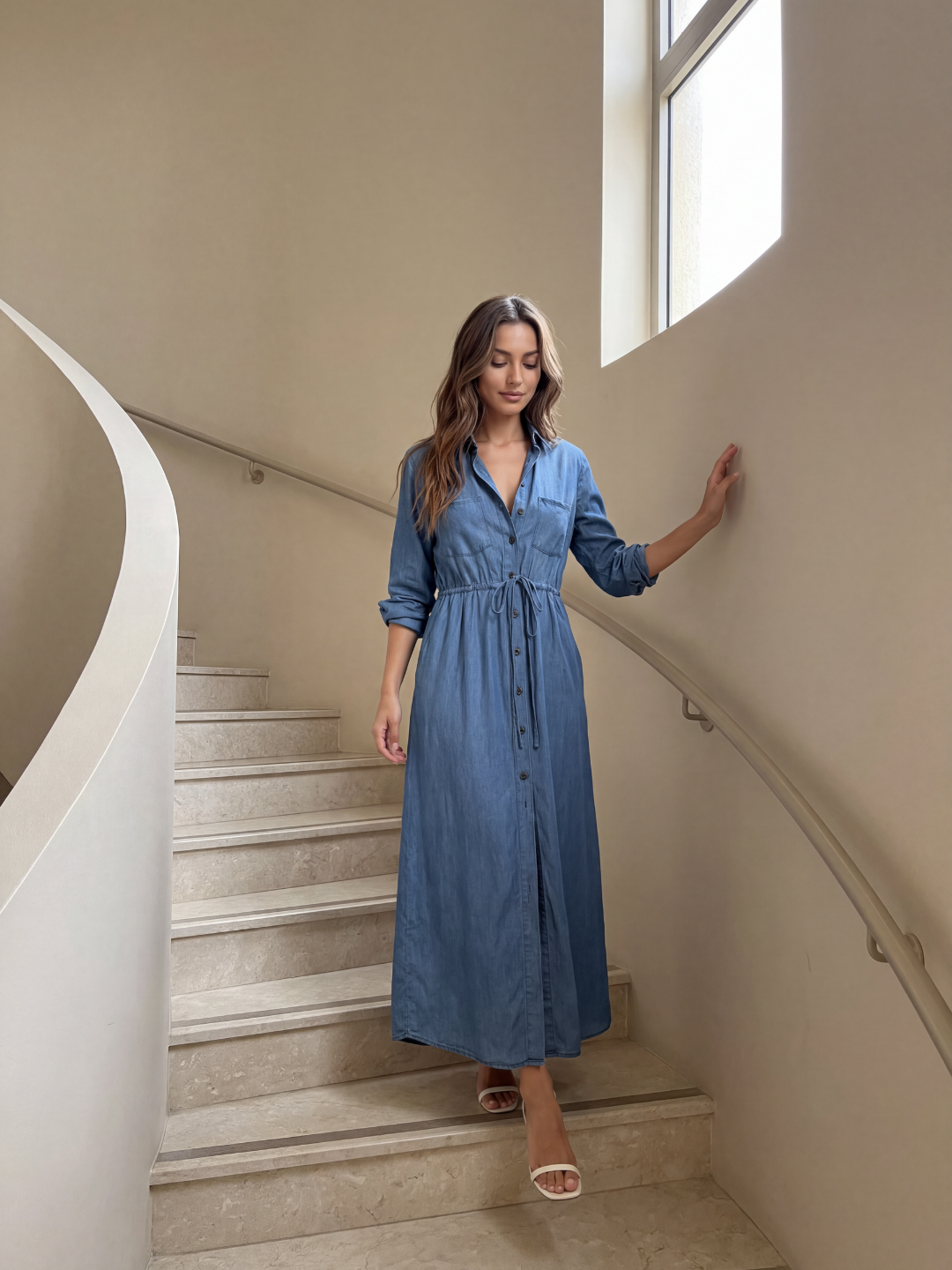 FIORELLA Women's Long Sleeve Denim Button-Front Midi Shirt Dress