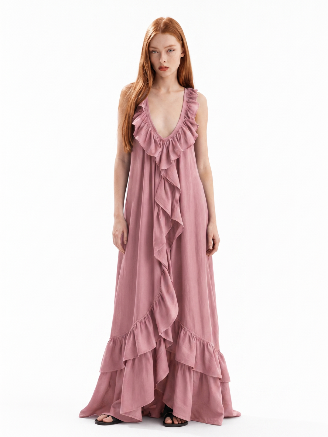 REIGN Women's Sleeveless Ruffle V-Neck Boho Maxi Dress