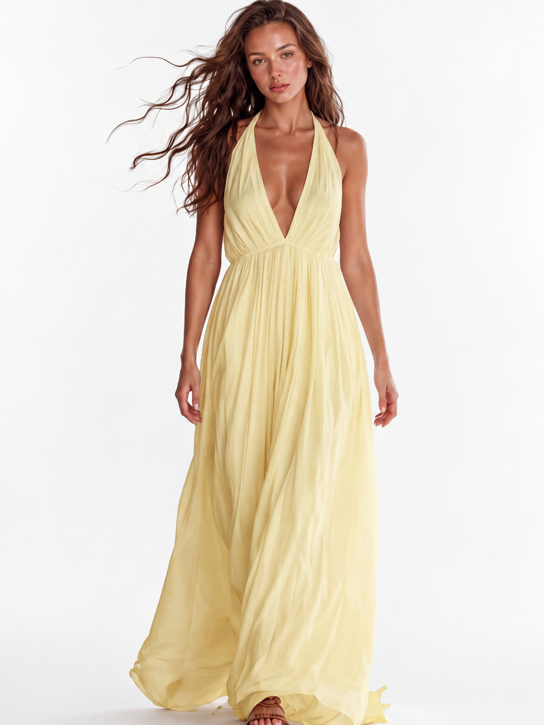 GEORGINA Women's Deep V-Neck Halter Backless Flowy Maxi Dress
