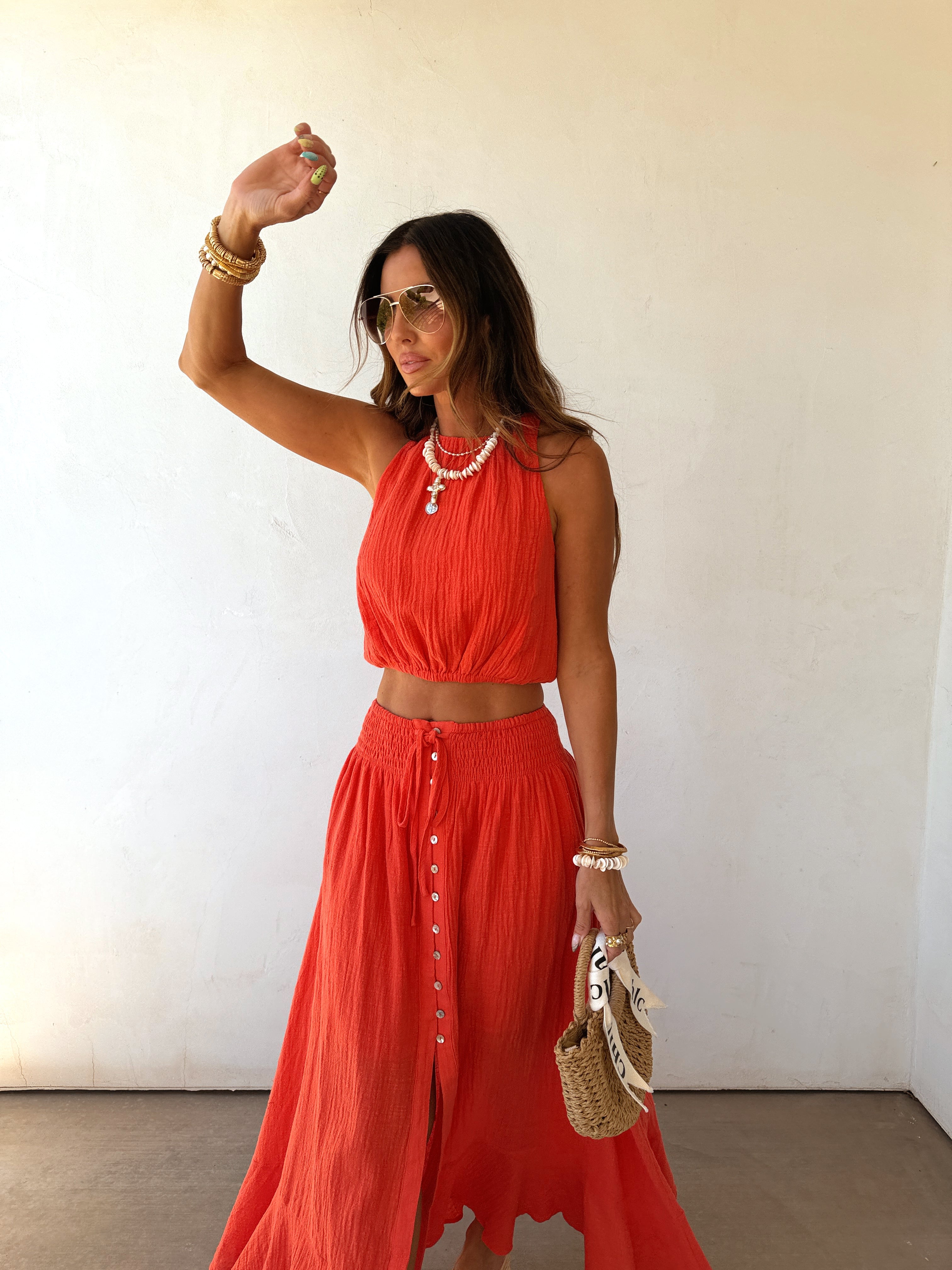 Brooklyn | Cotton Gauze Halter Crop Top Button Maxi Skirt Co-ord Set