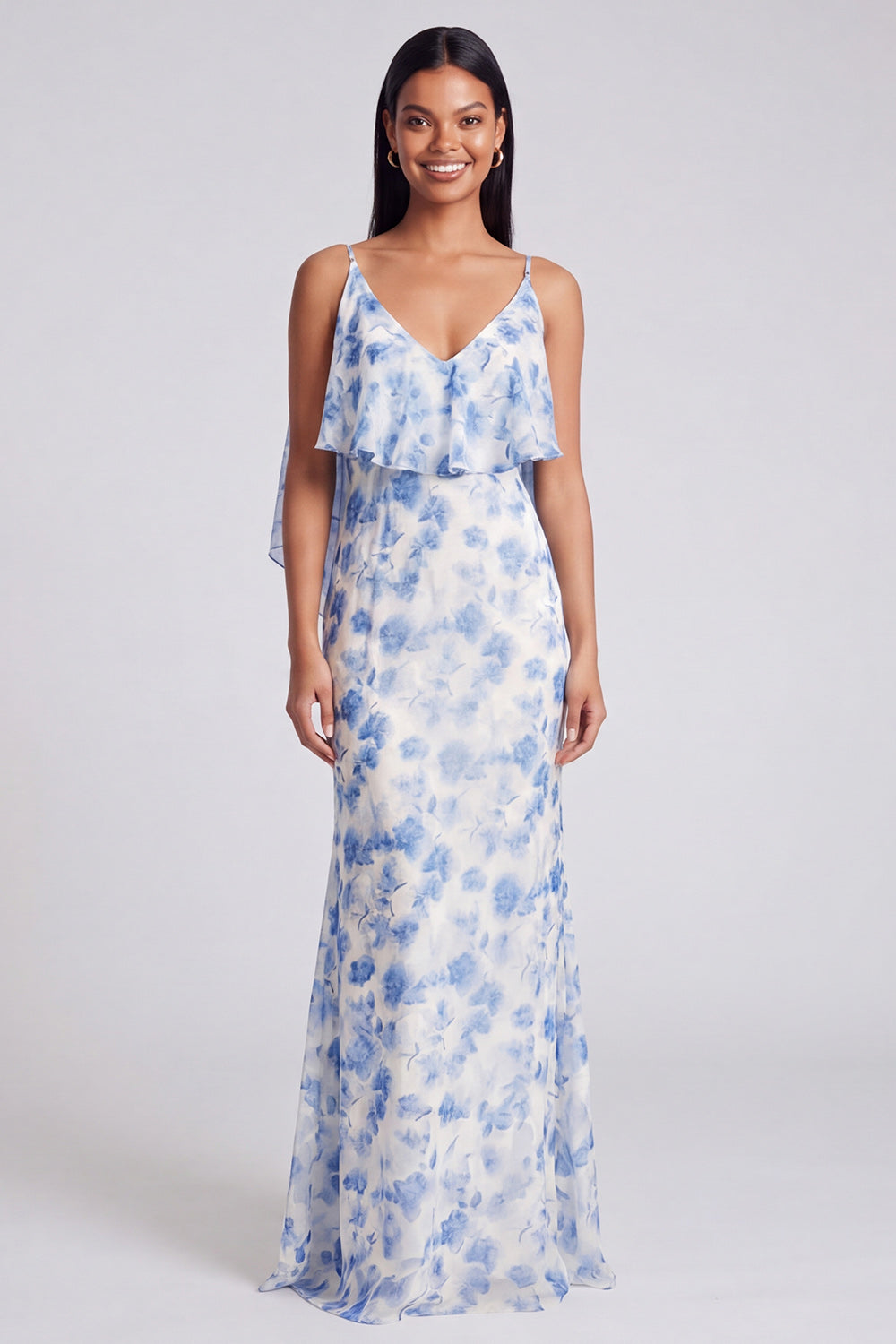Cleo | Floral Chiffon Ruffle V-Neck Maxi Dress
