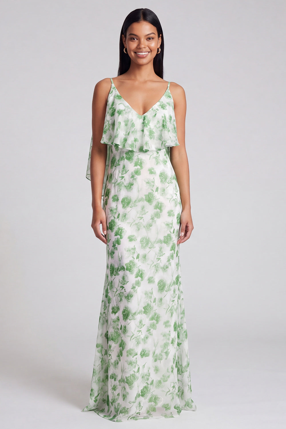 Cleo | Floral Chiffon Ruffle V-Neck Maxi Dress