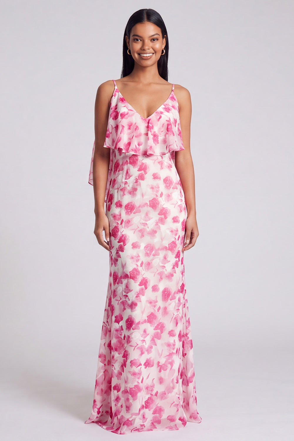 Cleo | Floral Chiffon Ruffle V-Neck Maxi Dress