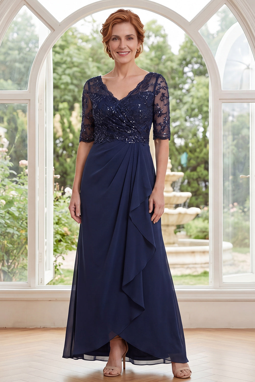 Vada | Sequin Lace Chiffon V-Neck Maxi Dress