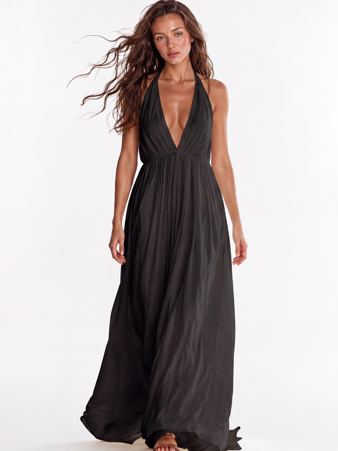 GEORGINA Women's Deep V-Neck Halter Backless Flowy Maxi Dress