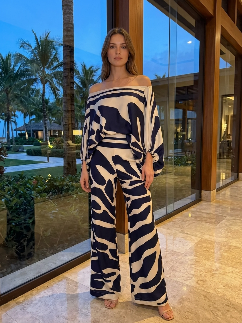 SERAFINA Women's Off Shoulder Abstract Print Wide Leg Trouser Set