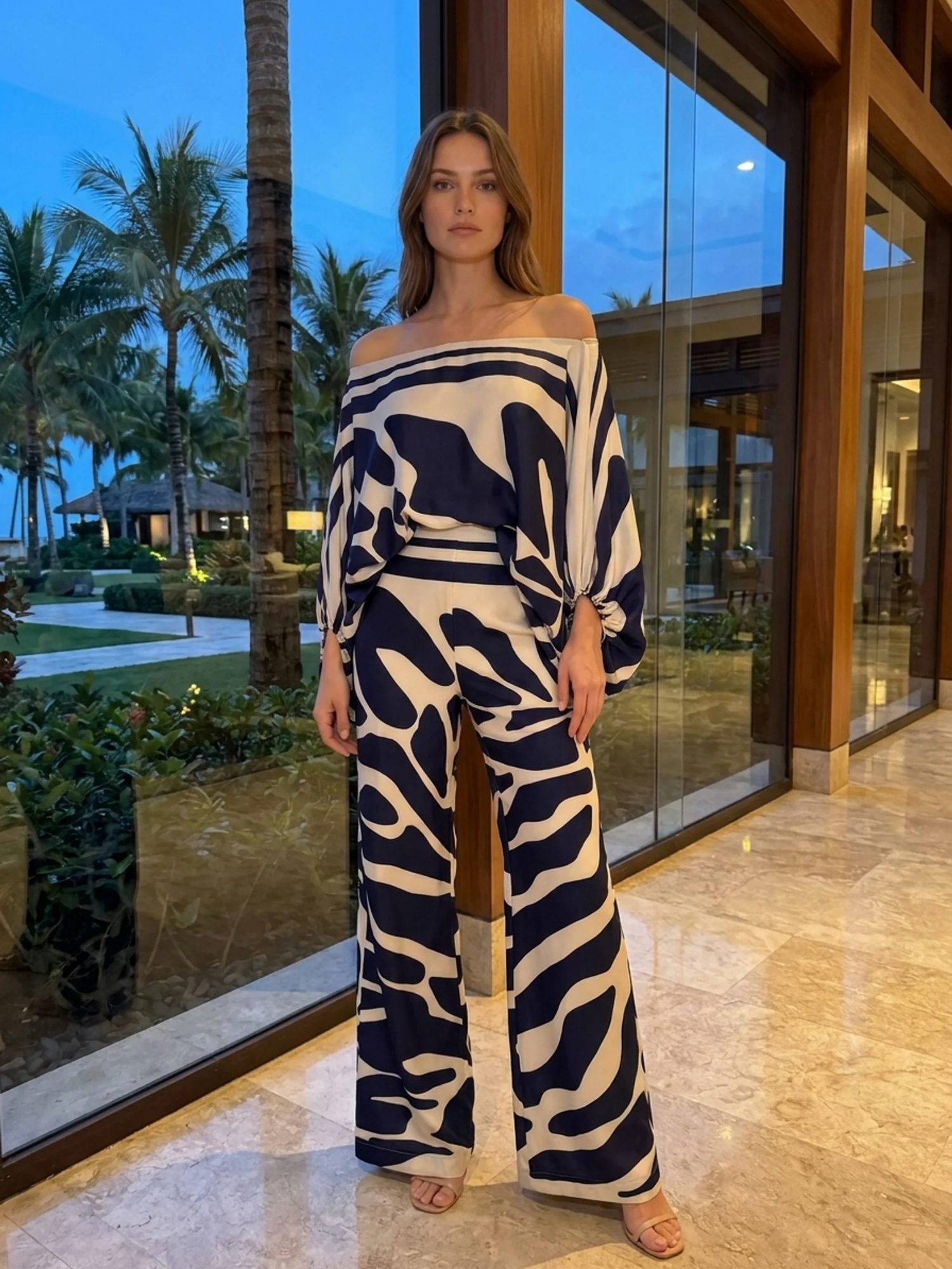 SERAFINA Women's Off Shoulder Abstract Print Wide Leg Trouser Set