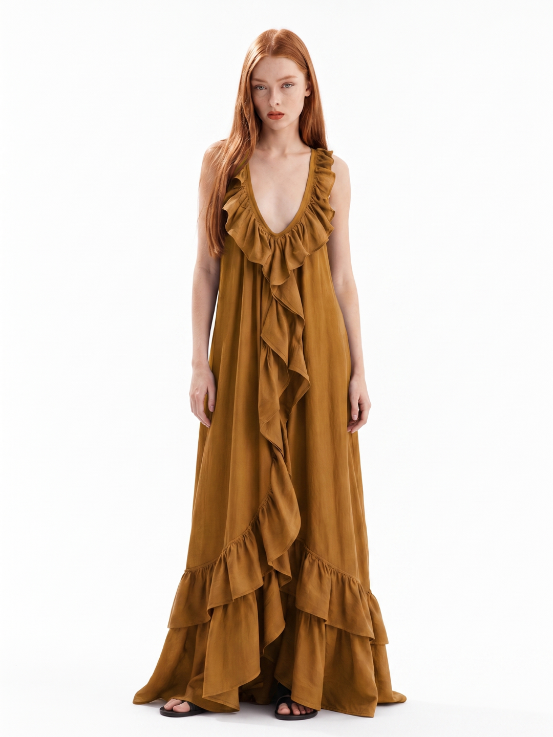 REIGN Women's Sleeveless Ruffle V-Neck Boho Maxi Dress