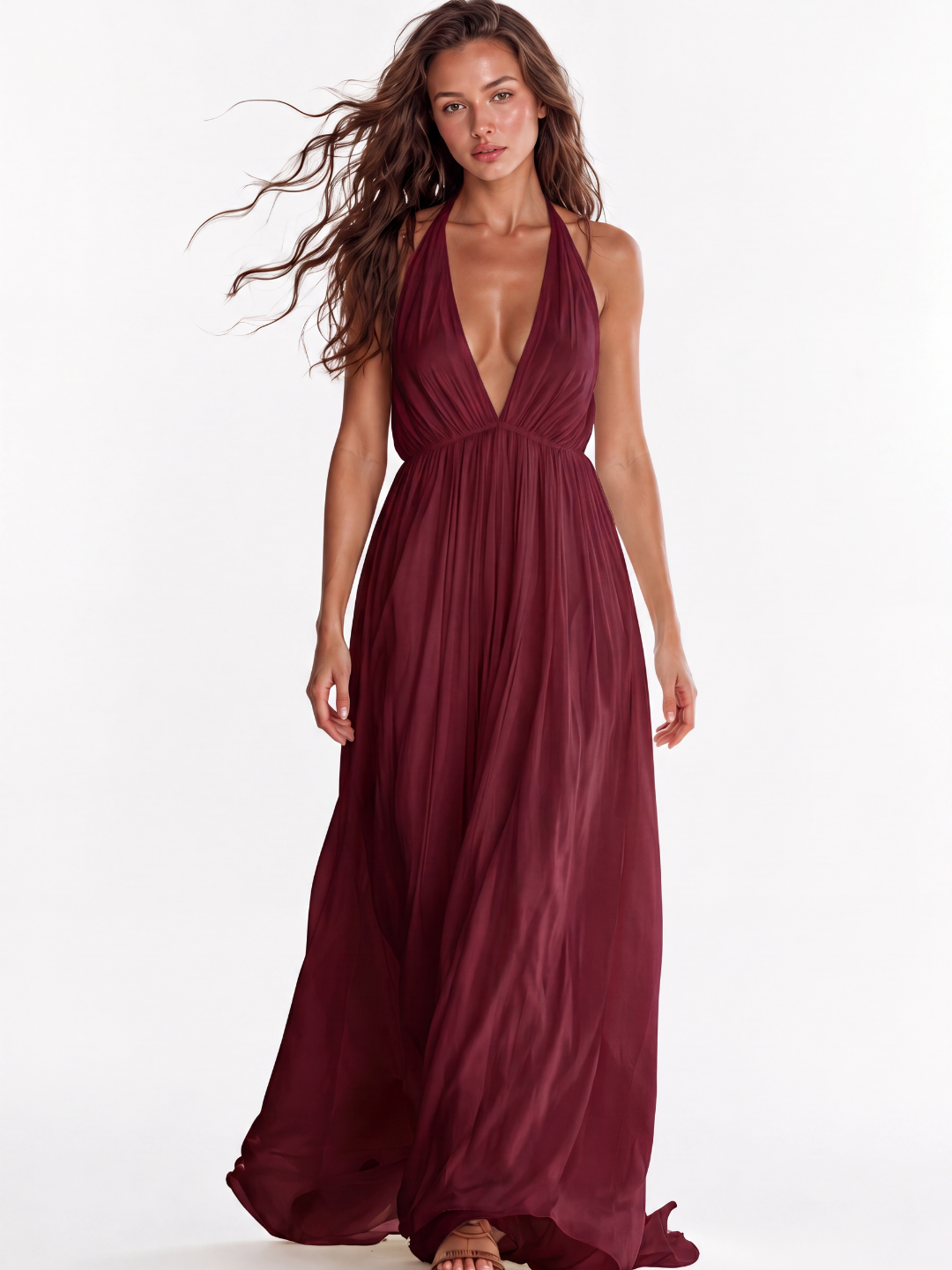 GEORGINA Women's Deep V-Neck Halter Backless Flowy Maxi Dress