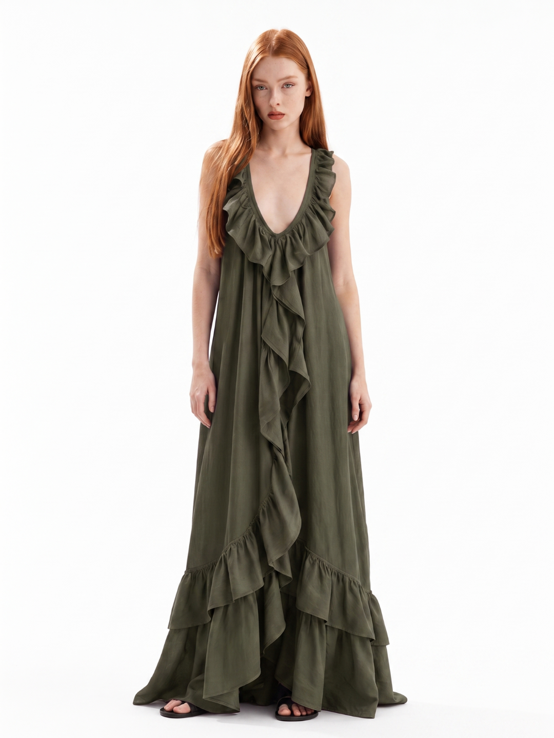 REIGN Women's Sleeveless Ruffle V-Neck Boho Maxi Dress