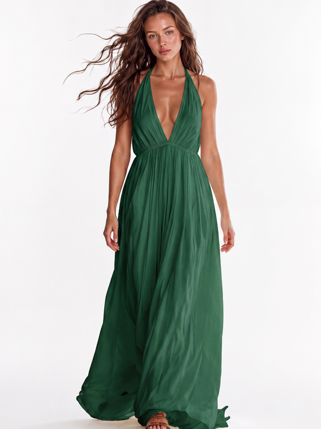 GEORGINA Women's Deep V-Neck Halter Backless Flowy Maxi Dress